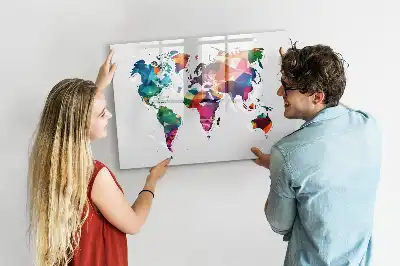 Beschrijfbaar glazen magneetbord met design van wereldkaart uit driehoeken