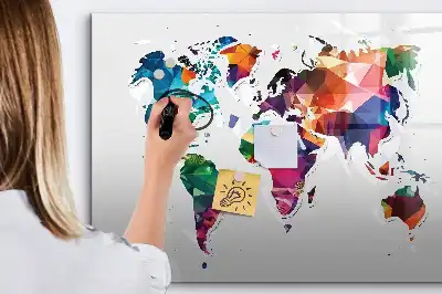 Beschrijfbaar glazen magneetbord met design van wereldkaart uit driehoeken