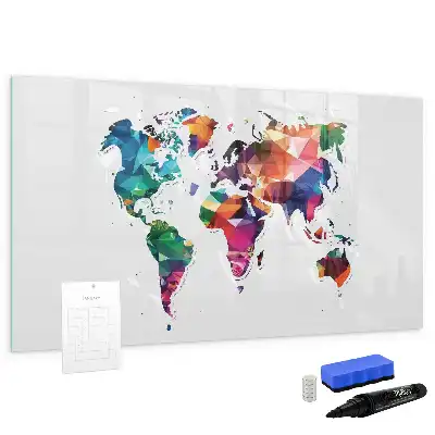 Beschrijfbaar glazen magneetbord met design van wereldkaart uit driehoeken