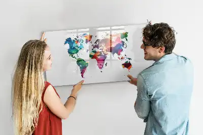 Beschrijfbaar glazen magneetbord met design van wereldkaart uit driehoeken