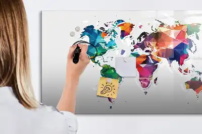 Beschrijfbaar glazen magneetbord met design van wereldkaart uit driehoeken