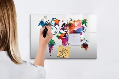 Beschrijfbaar glazen magneetbord met design van wereldkaart uit driehoeken