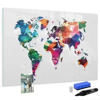 Beschrijfbaar glazen magneetbord met design van wereldkaart uit driehoeken
