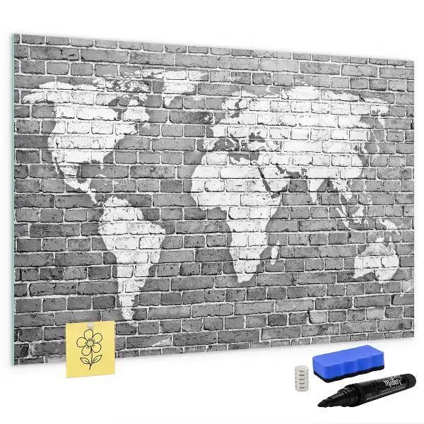 Beschrijfbaar glazen magneetbord met wereldkaart design op baksteen