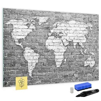 Beschrijfbaar glazen magneetbord met wereldkaart design op baksteen