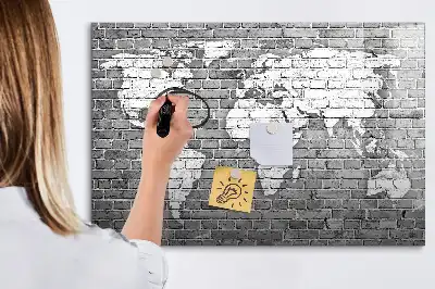 Beschrijfbaar glazen magneetbord met wereldkaart design op baksteen