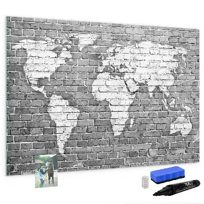 Beschrijfbaar glazen magneetbord met wereldkaart design op baksteen