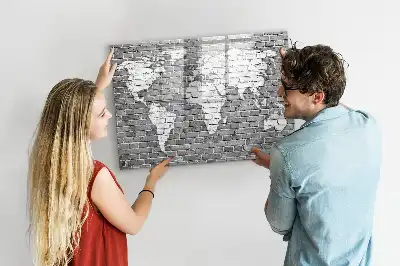 Beschrijfbaar glazen magneetbord met wereldkaart design op baksteen