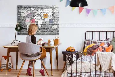 Beschrijfbaar glazen magneetbord met wereldkaart design op baksteen