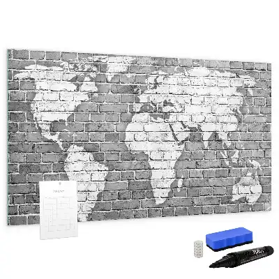 Beschrijfbaar glazen magneetbord met wereldkaart design op baksteen