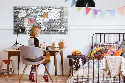 Beschrijfbaar glazen magneetbord met wereldkaart design op baksteen