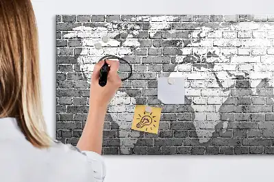 Beschrijfbaar glazen magneetbord met wereldkaart design op baksteen