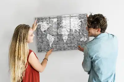 Beschrijfbaar glazen magneetbord met wereldkaart design op baksteen