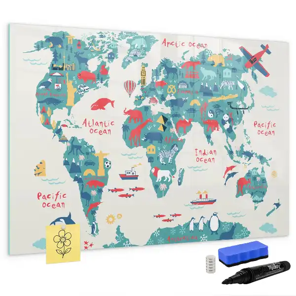 Magnetisch glazen schrijfbord met geïllustreerde wereldkaart voor notities en foto's