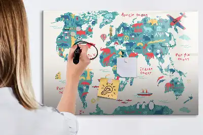 Magnetisch glazen schrijfbord met geïllustreerde wereldkaart voor notities en foto's