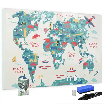 Magnetisch glazen schrijfbord met geïllustreerde wereldkaart voor notities en foto's