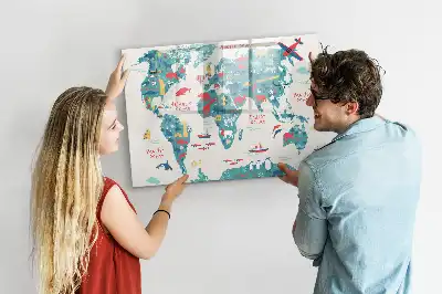 Magnetisch glazen schrijfbord met geïllustreerde wereldkaart voor notities en foto's