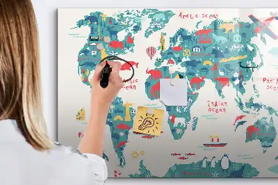 Magnetisch glazen schrijfbord met geïllustreerde wereldkaart voor notities en foto's