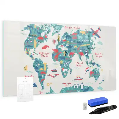 Magnetisch glazen schrijfbord met geïllustreerde wereldkaart voor notities en foto's