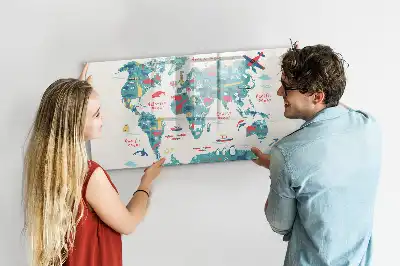 Magnetisch glazen schrijfbord met geïllustreerde wereldkaart voor notities en foto's