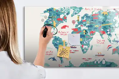 Magnetisch glazen schrijfbord met geïllustreerde wereldkaart voor notities en foto's