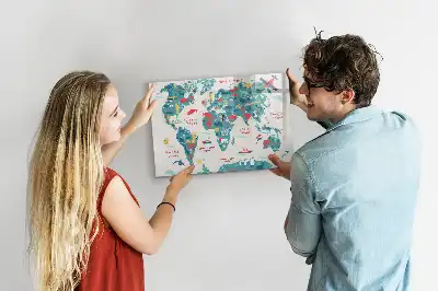 Magnetisch glazen schrijfbord met geïllustreerde wereldkaart voor notities en foto's