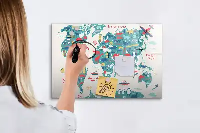 Magnetisch glazen schrijfbord met geïllustreerde wereldkaart voor notities en foto's