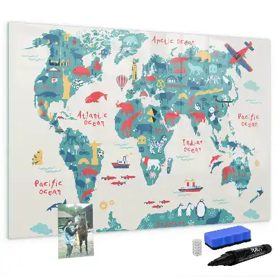 Magnetisch glazen schrijfbord met geïllustreerde wereldkaart voor notities en foto's