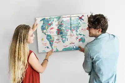 Magnetisch glazen schrijfbord met geïllustreerde wereldkaart voor notities en foto's