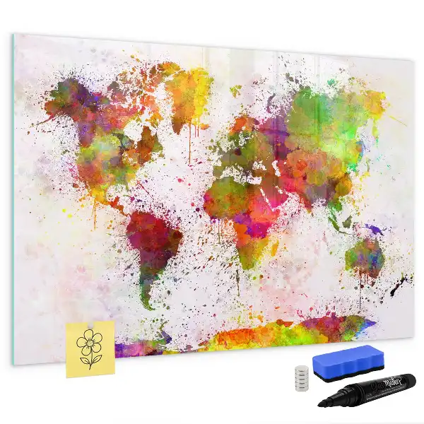 Magnetisch glazen schrijfbord met aquarel wereldkaart print