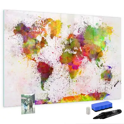 Magnetisch glazen schrijfbord met aquarel wereldkaart print