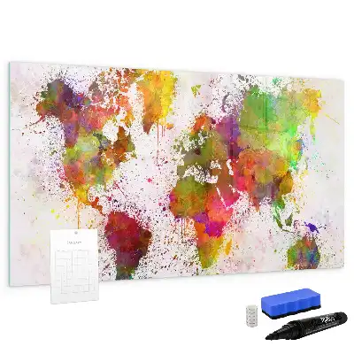 Magnetisch glazen schrijfbord met aquarel wereldkaart print