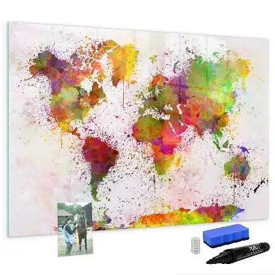 Magnetisch glazen schrijfbord met aquarel wereldkaart print