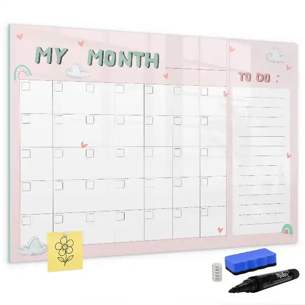 Beschrijfbaar glazen magneetbord met maandplanner voor kinderen