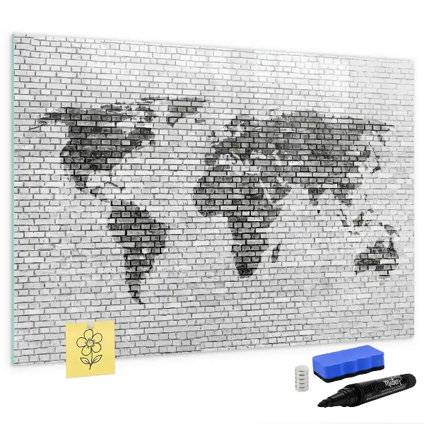 Beschrijfbaar glazen magneetbord met print van wereldkaart op bakstenen muur