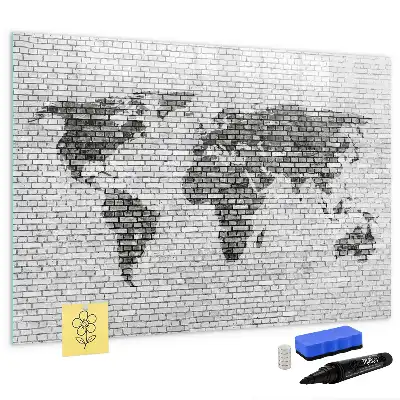 Beschrijfbaar glazen magneetbord met print van wereldkaart op bakstenen muur
