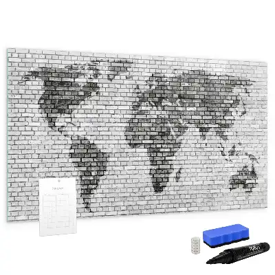Beschrijfbaar glazen magneetbord met print van wereldkaart op bakstenen muur