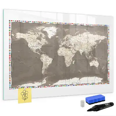 Beschrijfbaar glazen magneetbord met design van een bruine wereldkaart