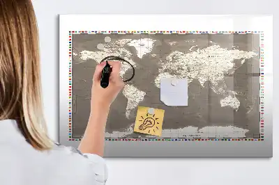 Beschrijfbaar glazen magneetbord met design van een bruine wereldkaart