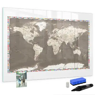 Beschrijfbaar glazen magneetbord met design van een bruine wereldkaart