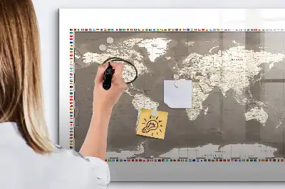 Beschrijfbaar glazen magneetbord met design van een bruine wereldkaart
