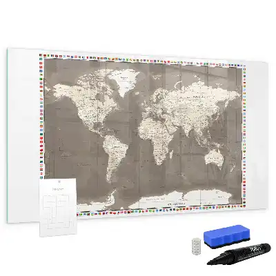 Beschrijfbaar glazen magneetbord met design van een bruine wereldkaart