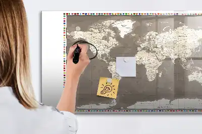 Beschrijfbaar glazen magneetbord met design van een bruine wereldkaart