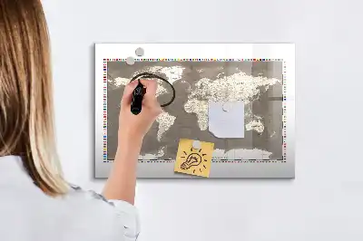 Beschrijfbaar glazen magneetbord met design van een bruine wereldkaart