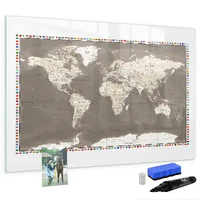 Beschrijfbaar glazen magneetbord met design van een bruine wereldkaart