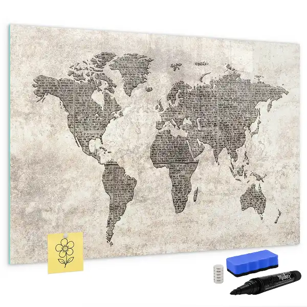 Magnetisch glazen memobord wereldkaart met krantenprint