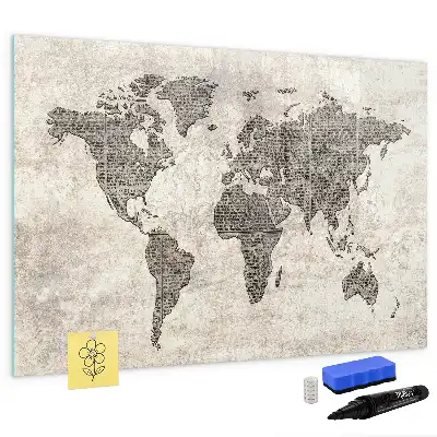 Magnetisch glazen memobord wereldkaart met krantenprint