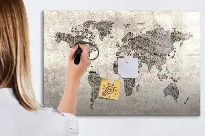 Magnetisch glazen memobord wereldkaart met krantenprint