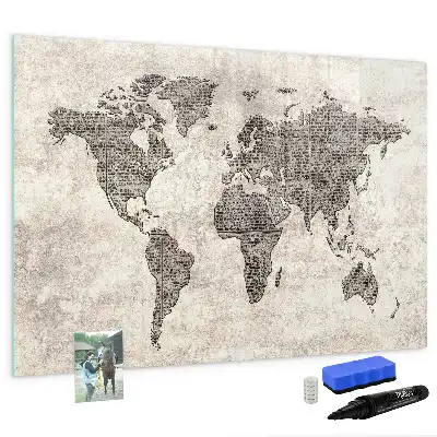 Magnetisch glazen memobord wereldkaart met krantenprint