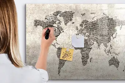 Magnetisch glazen memobord wereldkaart met krantenprint